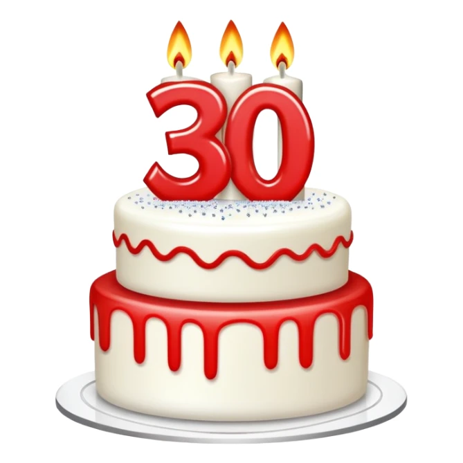 cake with red edges, white cream, glitter on top and two long, thin candles with the number 30 written on them sticker