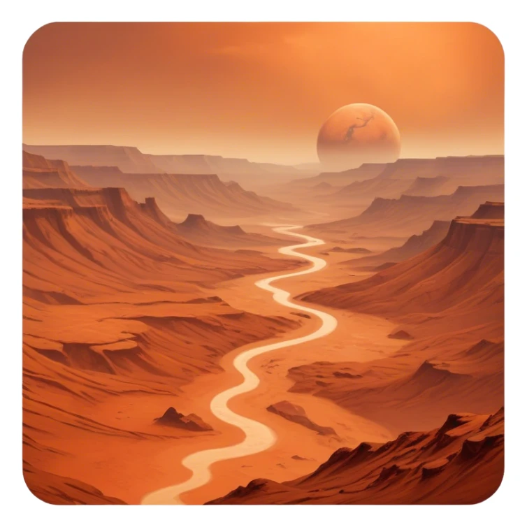 Cinematic Realistic Mars, portrayed with rugged, rust-colored landscapes, deep canyons, and swirling dust storms rendered with lifelike texture and an orange-hued glow that evokes the enigmatic allure of the Red Planet. sticker
