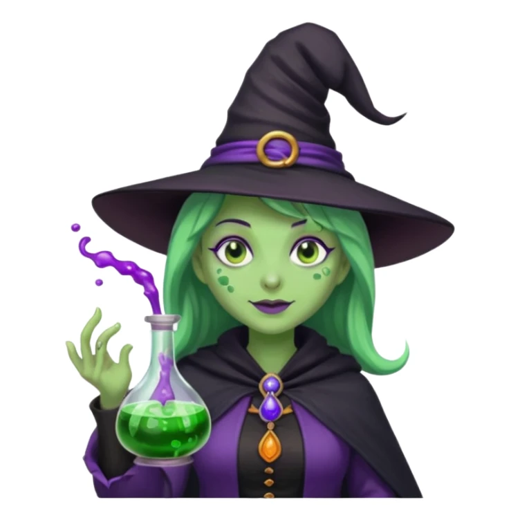 Witch with Green Skin – long-nosed witch in black hat holding potion sticker