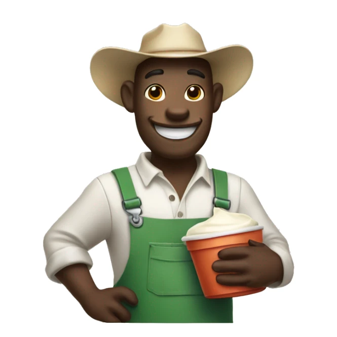 cow dressed as a farmer holding a container of cream, smiling sticker