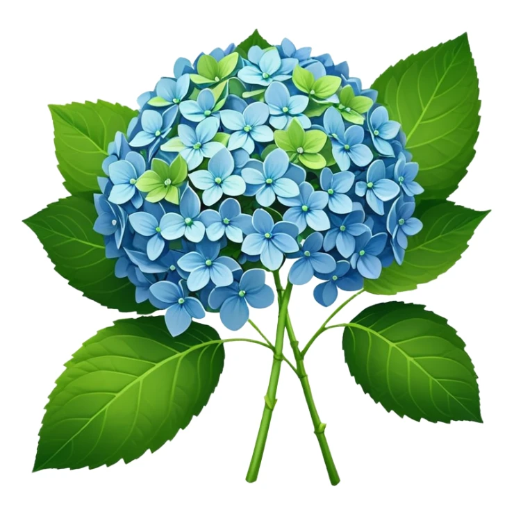 8k, flat layout illustration,  freshly picked, vividly futuristic colored, Hydrangeas with green realistic long steams, detailed slightly darker green leaves. Must have full transparent background, no emoji icons or faces. sticker