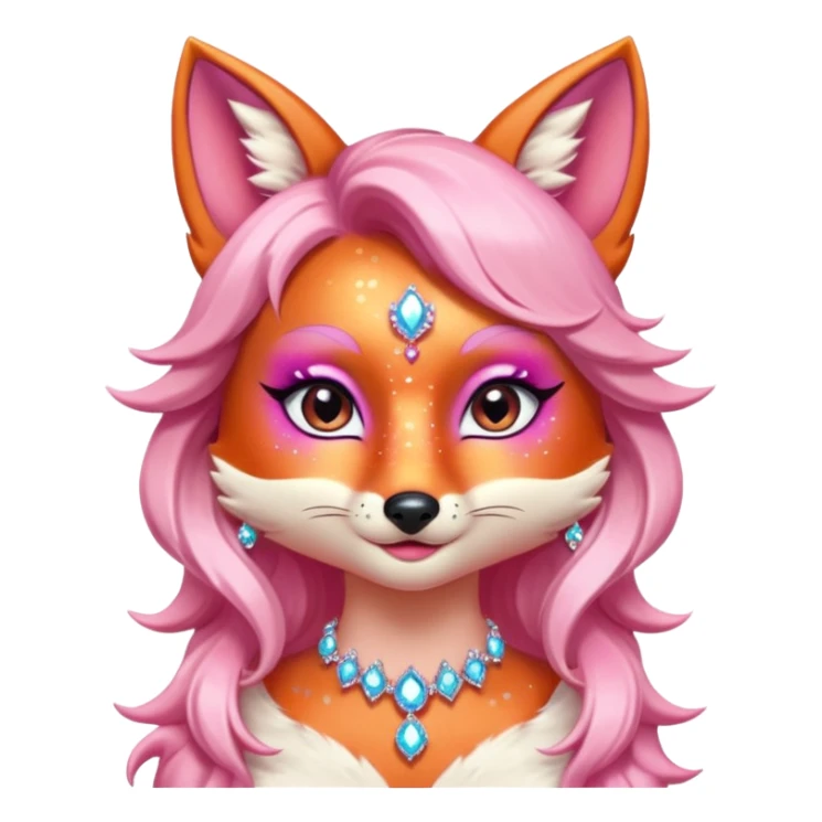 glamorous fox portrait, head and shoulders only, exaggerated pink makeup, bright eyeshadow, long eyelashes, shiny blush cheeks, sparkling face gems, glitter accents, elegant earrings, fantasy beauty style, cute 3D cartoon, mobile game icon style, clean background, no text, no watermark
 sticker