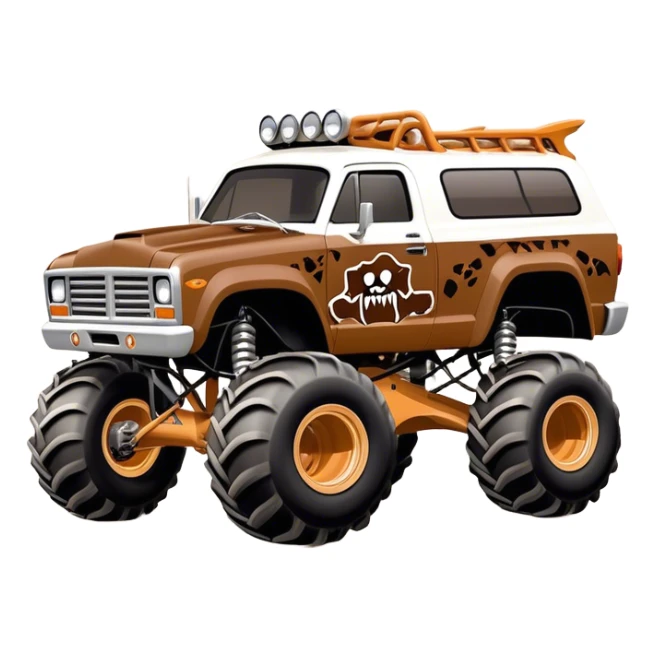 Monster Mutt - Monster Jam (Model Year: 2021) (Iconic colour: Brown with dog features) - A unique monster truck with playful, dog-inspired design cues. The vehicle is painted in warm brown tones and features subtle dog motifs (such as a stylized snout or ear shapes). It should blend the rugged power of a monster truck with quirky, endearing canine features. sticker