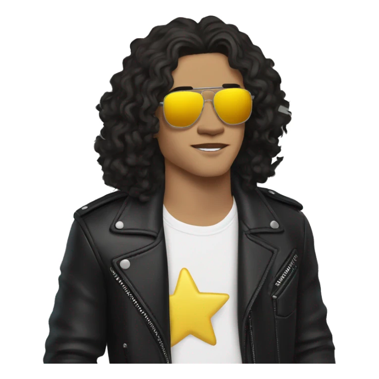 Conan Gray with long dark curly hair, a white shirt, a leather jacket with yellow stars, sunglasses, and black jeans sticker
