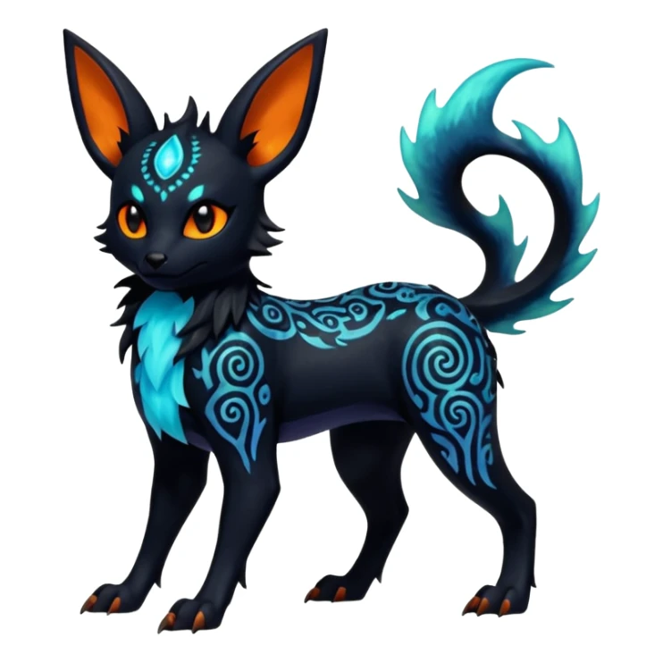 Shiny Fiery Dark Ugly Evil Glowing Eldritch Horror Cool Edgy Badass Emo Glorious Demonic Batty Punky Aural Iridescent Fluorescent Bioluminescent Umbreon-Amaura-Salandit-Litten-Flareon-Fakémon-fusion (full body) with intricate pattern markings sticker