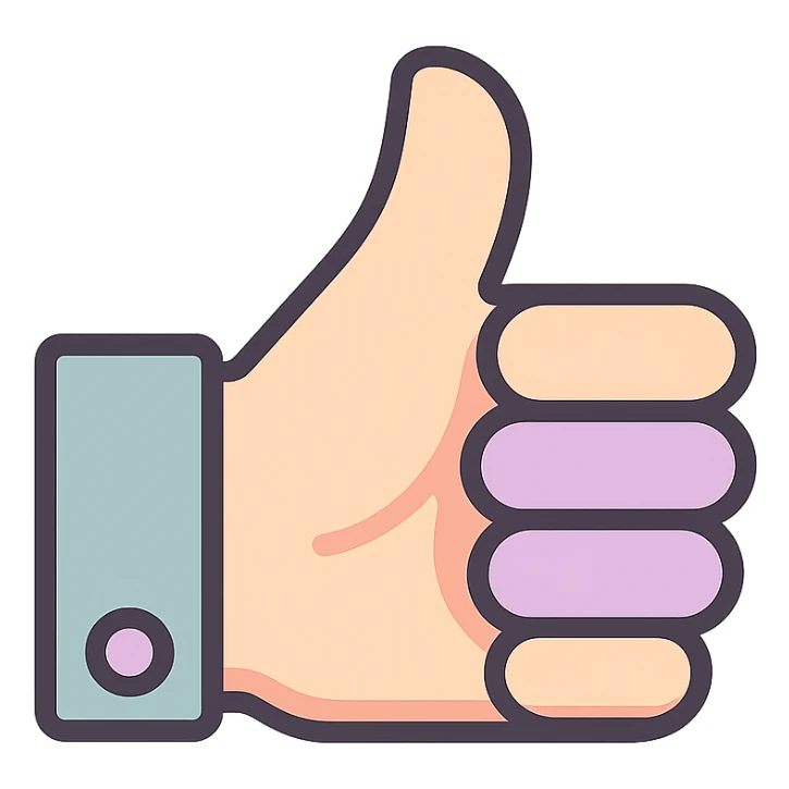 thumbs up with slight wrist bend, icon-color-outlined style, thin clean outlines, soft rounded shapes, pastel palette #98B5BC, #B5B3C1, #C9A3C9, #E4C0CA, #F7DCD1, #F7C0AA, detailed shadows and highlights, soft lighting, no background, variant 4 sticker
