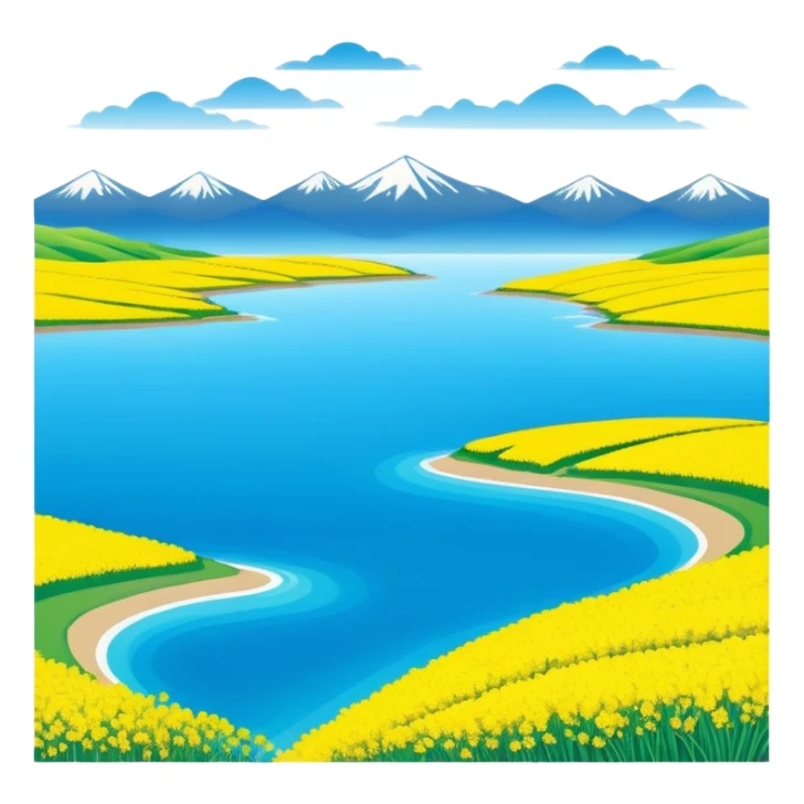 Qinghai Lake spring scenery with rapeseed flowers and blue water, simplified emoji style with bold outlines and bright colors, cartoon style vast lake with mountains sticker
