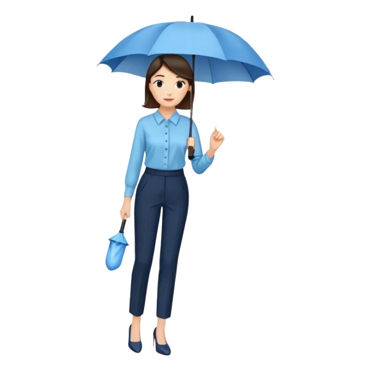 female smart light blue blouse, dark trousers, shoes. one hand holding an umbrella sticker