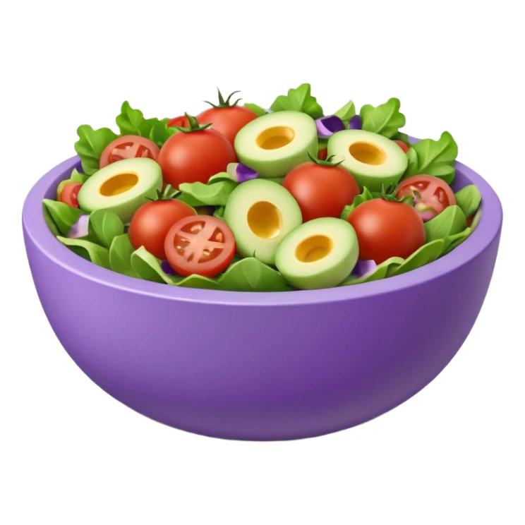 Modern premium 3D emoji icon: salad bowl (🥗), smooth rounded shapes, matte + subtle gloss, top-left studio light, soft shadow. Purple bowl with lavender rim; ingredients in natural colors, all sliced/chopped (no whole tomatoes). Centered, transparent background, no text sticker