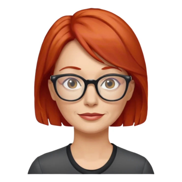 A middle-aged woman with red hair and glasses sticker