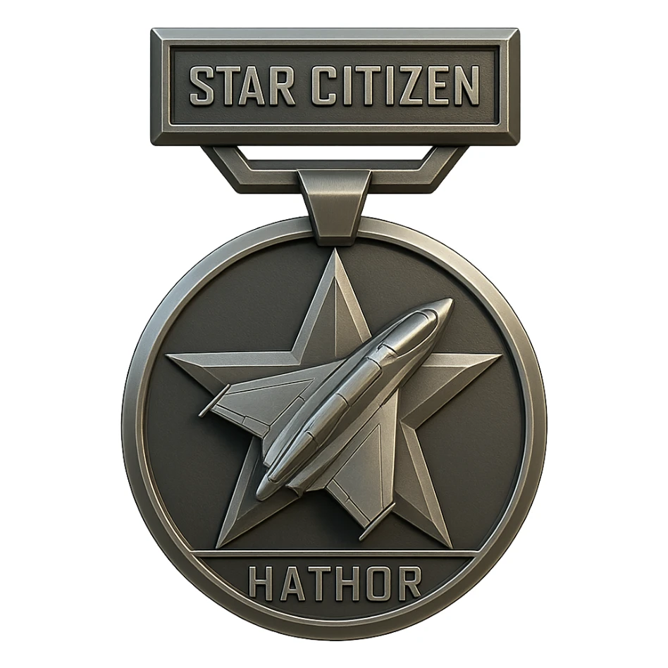 Star Citizen Hathor activity medal, metallic with star and spaceship elements, futuristic and elegant, suitable for game achievement sticker
