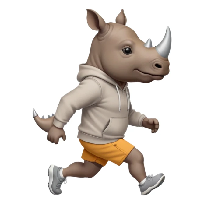 friendly anthropomorphised rhino jogging upright, wearing a hoodie and shorts, dark sunglasses, relaxed pose sticker