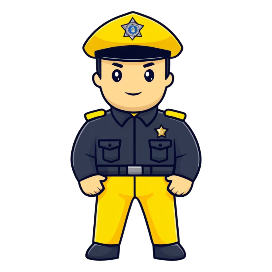 Russian police officer with yellow uniform and yellow police hat sticker