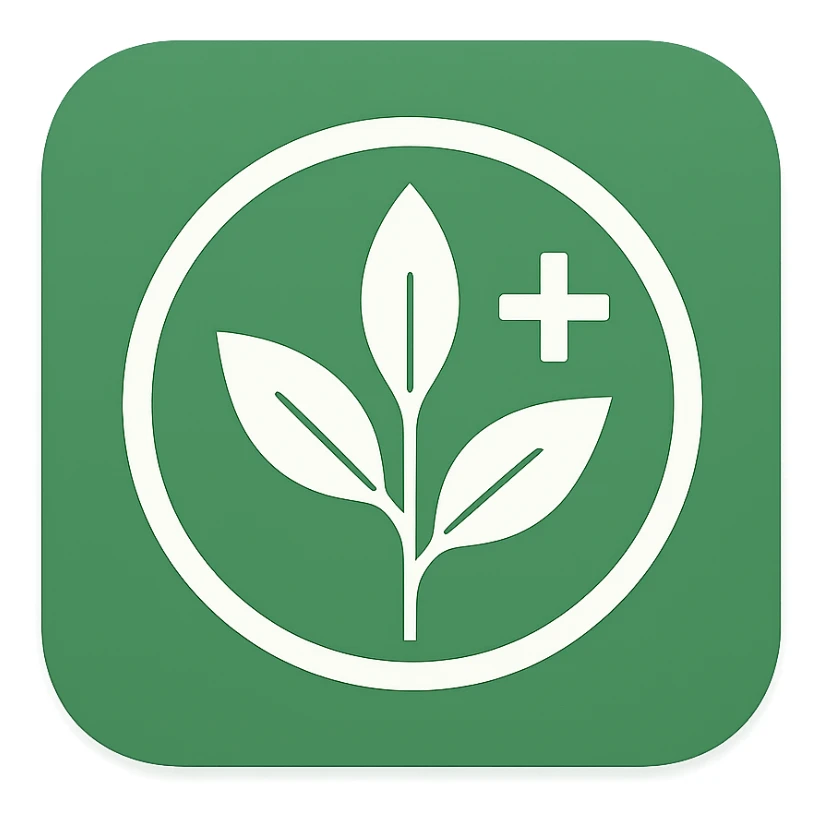 macOS CRM app icon for herbal therapy, with a circular emblem containing a stylized plant and a subtle cross symbol, green and white color palette, sleek and professional, no text sticker
