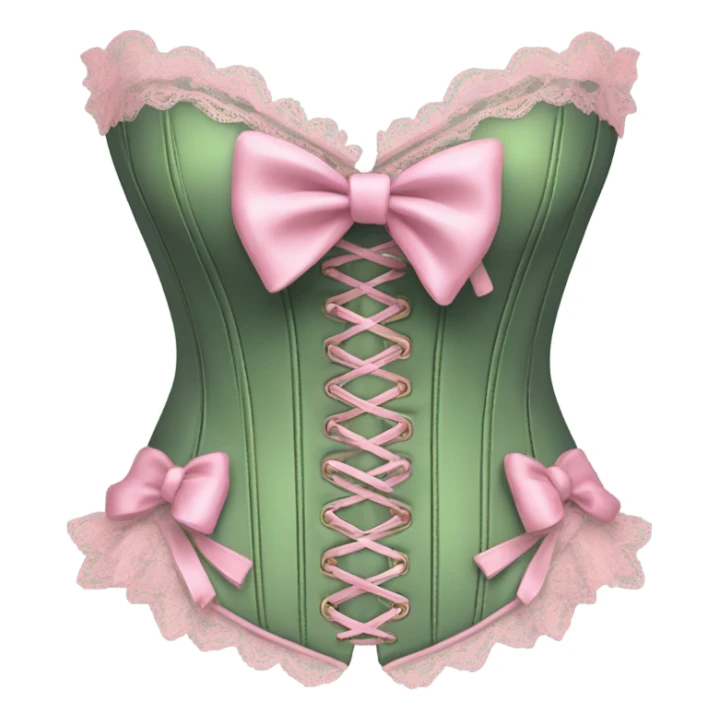 Sage green corset with pink lace and bows, isolated sticker