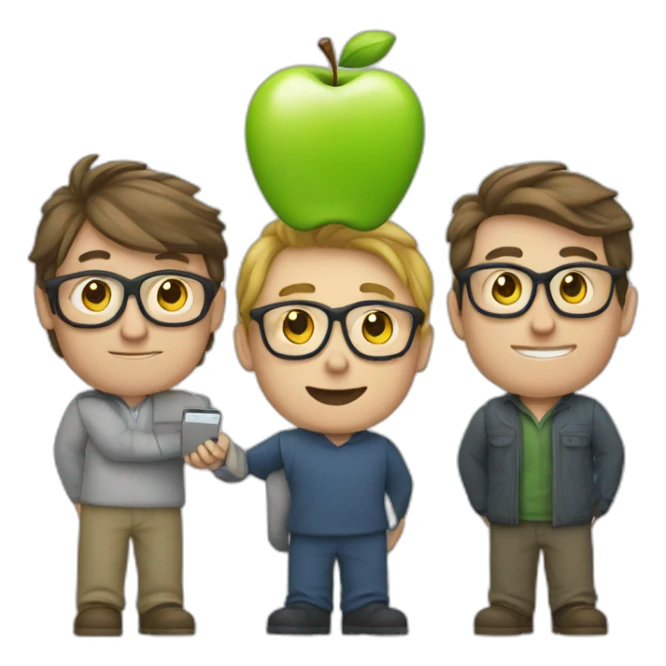 four european nerds holding up the apple logo sticker