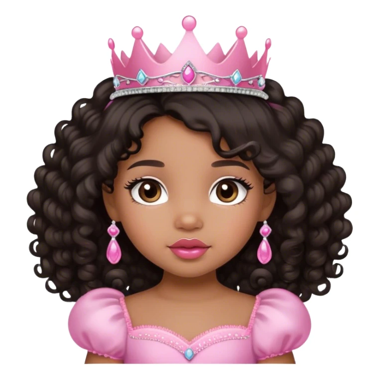 princess, medium brown skin tone, very adorable toddler, with big plump lips, long long lashes, black curly long hair, brown eyes, pink tiara sticker
