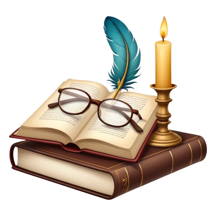 An icon showing an open classic book with elegant pages, a feather quill, and reading glasses resting on top. Behind it, a stack of literary works and a candle evoke deep study and timeless stories. Transparent background highlights the analysis of literature and texts. sticker