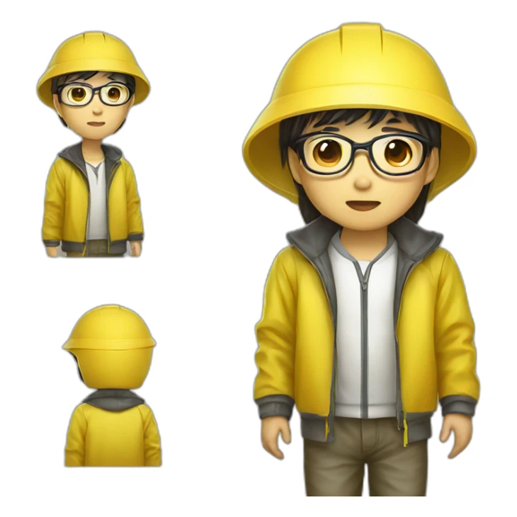 chinese boy with small eye and thick lip wearing thin metal glasses and withe safety helmet and yellow rain jacket sticker