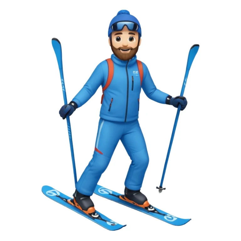 bearded man skiing down, blue outfit, smiling. full body view.  sticker
