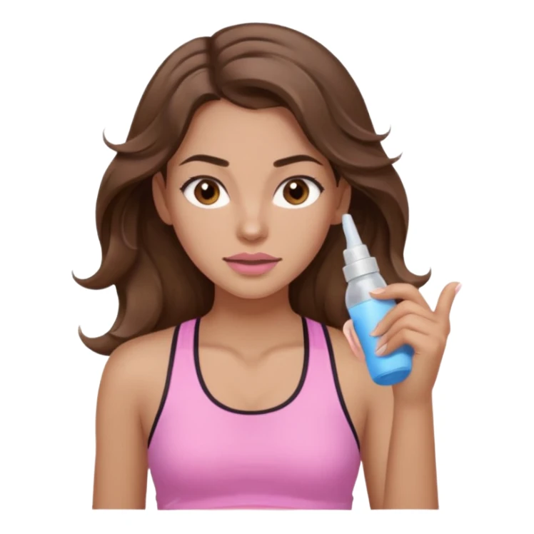 girl with wavy long brown hair, brown eyes, light to medium complexion, long lashes, light pink lipstick, wearing light pink shirt, working out sticker