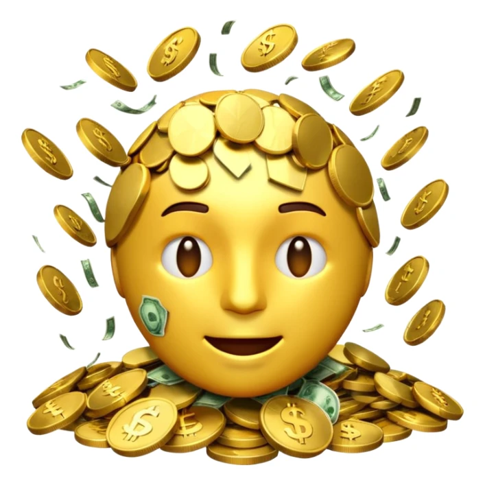 3D glossy money emoji, cracked head, coins and bills burst upward, perfect loop, centered, chroma green background sticker