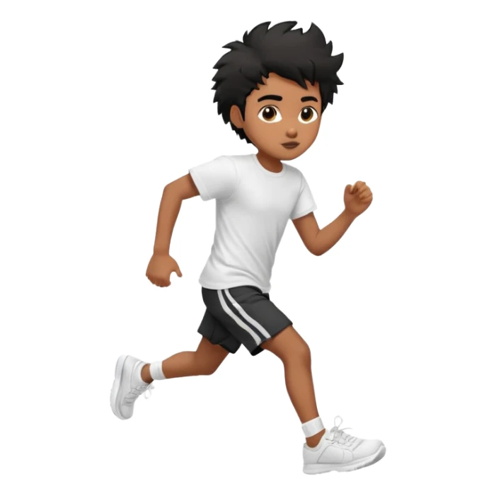 generate a pretty bratz brown skinned boy with black messy hair wearing a white tshirt and black running shorts. running on the street with white sneakers sticker