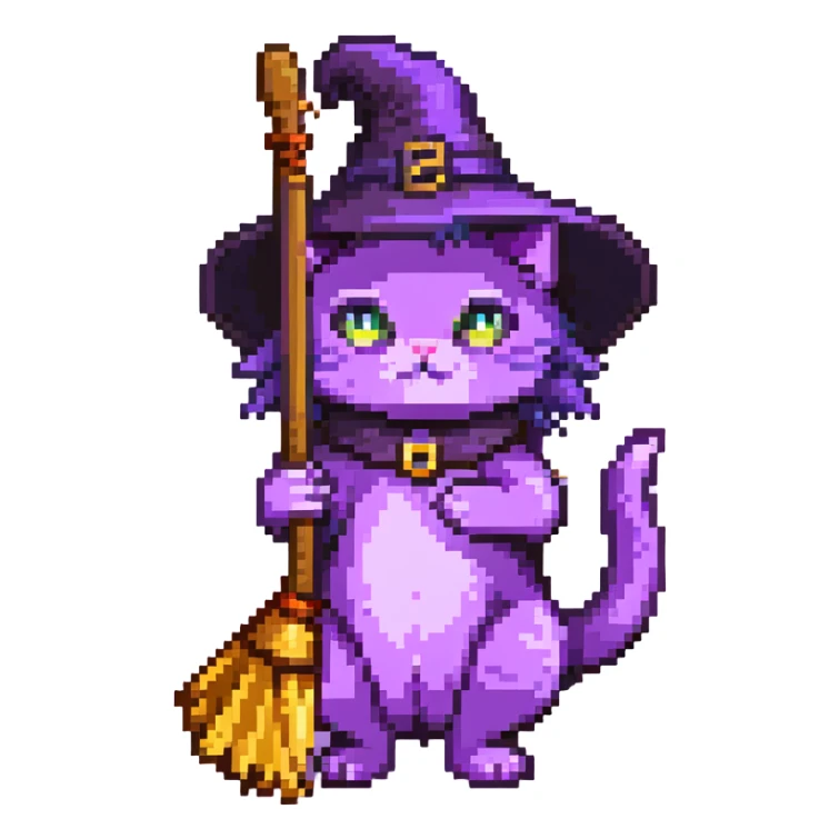 purple witch cat holding a broom sticker