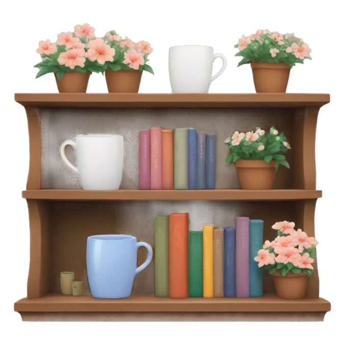 Cozy bookshelf with mugs and flowers  sticker