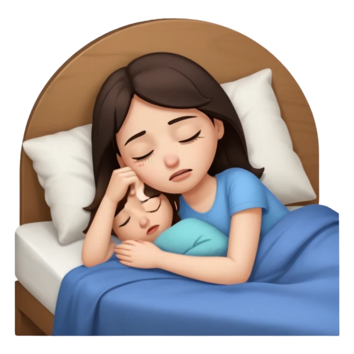 generate a girl brunette sleeping in bed. Looking upset sticker