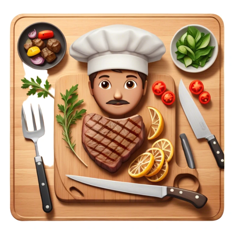 icon featuring a chef’s hat, a cutting board with fresh ingredients, a knife, a beautifully cooked ribeye steak, shashlik skewers, and a plate of food in the making. The design captures the passion of cooking with warm, inviting colors, and realistic textures. Transparent background. sticker