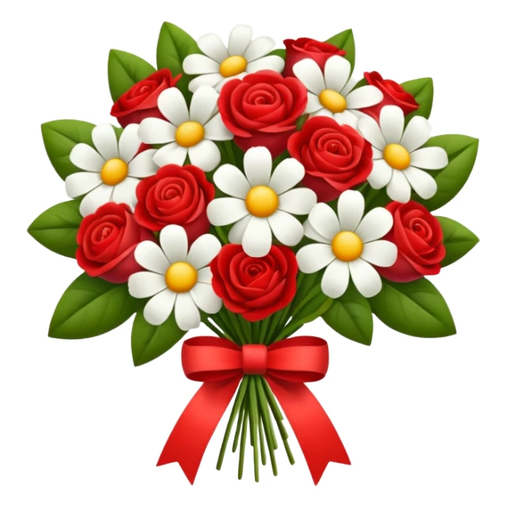 one red flower and one white flower in bouquet with red band sticker