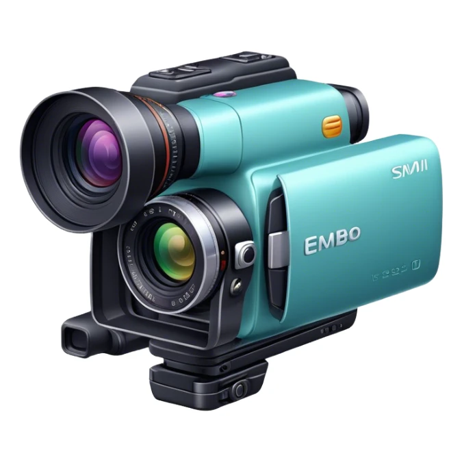 Create an emoji for video recording. Show a video camera with a lens, symbolizing the act of filming. Use modern, professional colors. Do not include any emojis or smiley faces. Make the background transparent. sticker