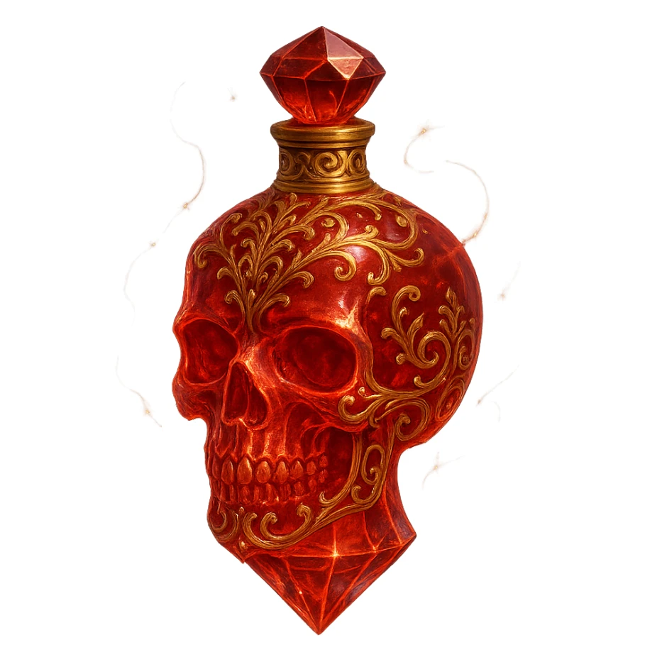 luxurious elixir bottle skull-shaped, red color, very small barely visible golden collar, lots of glowing, edges, light refractions, golden details, ornaments, magical effects, transparent background, beautiful connected bottom, bottle clearly floating in air, no base or shadow, premium class impression, design matches crystal luxurious magical bottle collection sticker