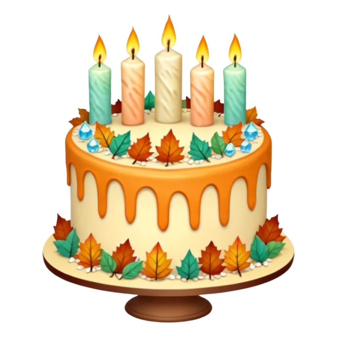 fall cake adorned with overflowing raw pastel crystals, leaves and candles sticker