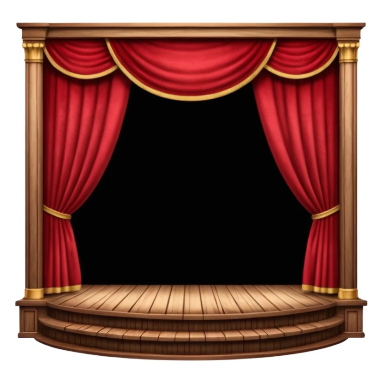 A wooden theater stage with red curtains slightly parted. sticker