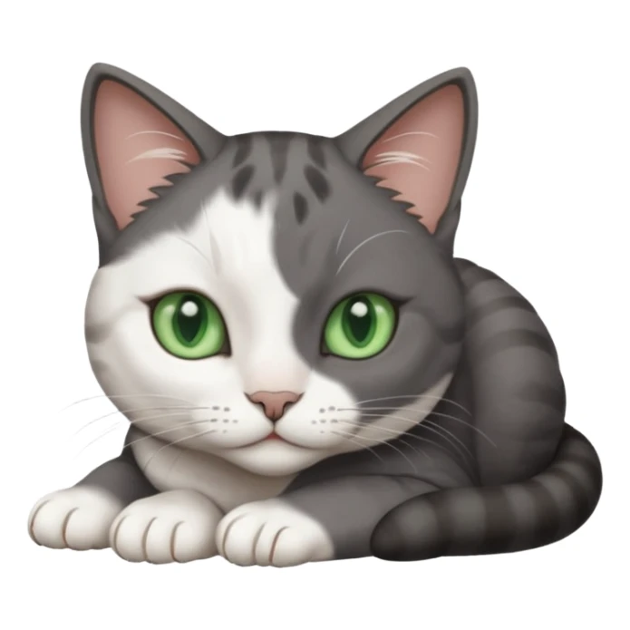 beautiful female solid dark grey cat with green eyes, white toes/paws and white patch on her chest rolling over sticker