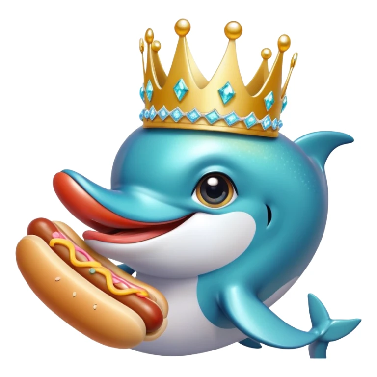 Dolphins wearing a sparkly crown with big eyes and lashes eating hot dogs Japanese sticker