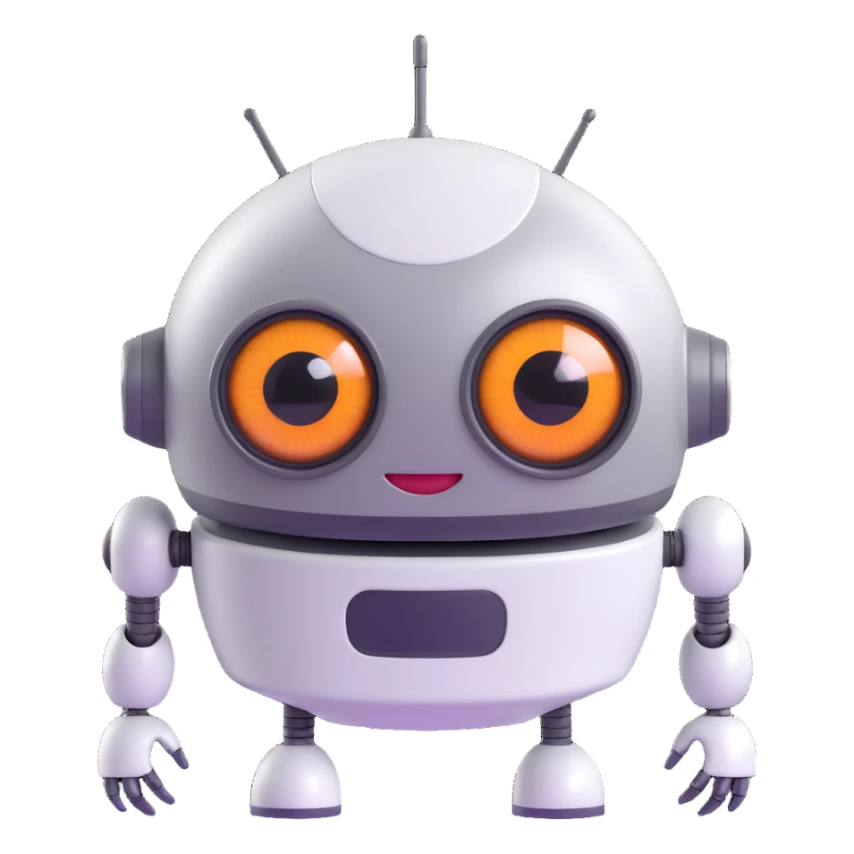 Friendly robot with big expressive eyes — round head, glossy finish, slightly clumsy but charming (think Wall-E meets Baymax). sticker