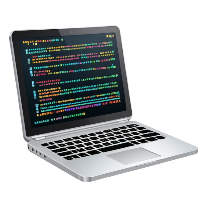 An icon featuring a laptop screen with colorful lines of code, brackets, and a blinking cursor, symbolizing programming. The design includes flowcharts, gear icons, and binary code, representing software development and logical problem-solving. Transparent background highlights the world of coding. sticker