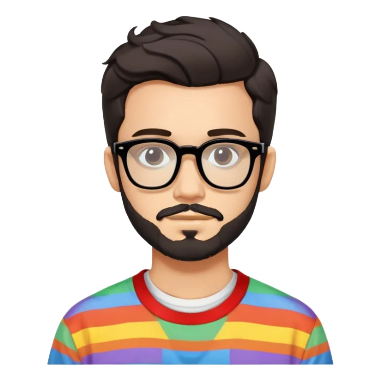 young adult man with light skin, short beard, dark wavy hair, relaxed expression, very wide rectangular glasses with thick black acetate frame and thick double bridge, retro oversized style, colorful open shirt and white t-shirt sticker