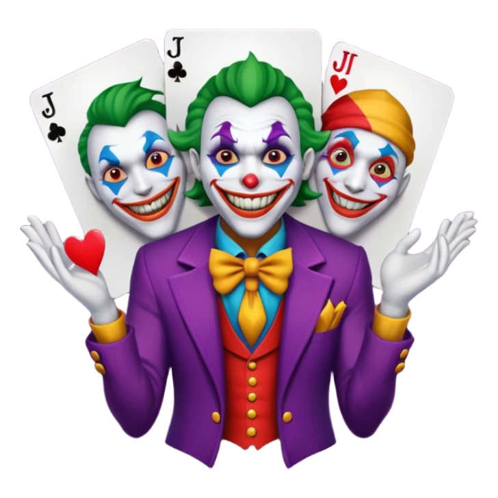 3 poker cards, with crazy colorful human jolly jokers inside, face and torso only sticker