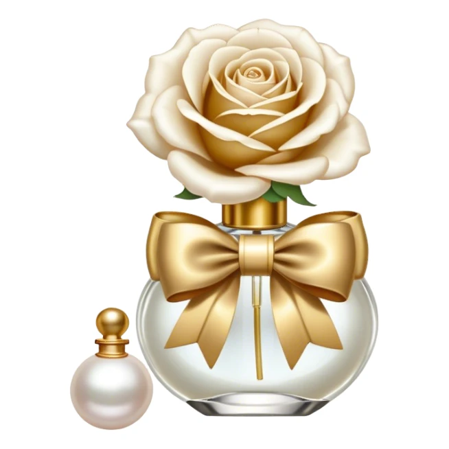 white English rose Benjamin Britten ( flower ) and pearl bow and vintage gold perfume bottle  sticker