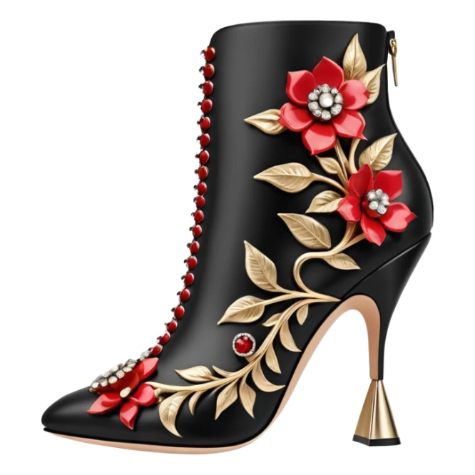 Alexander McQueen realistic highly detailed, Women's ankle booties with embellishments, vivid and glamorous, still life. Rendering, side view, 8k sticker