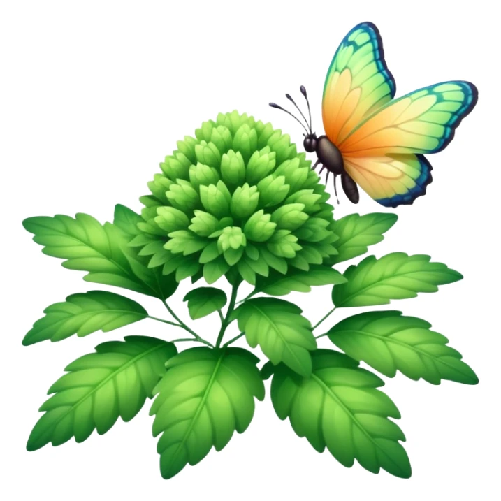 A fluffy bush with soft light-green foliage and a small butterfly sticker