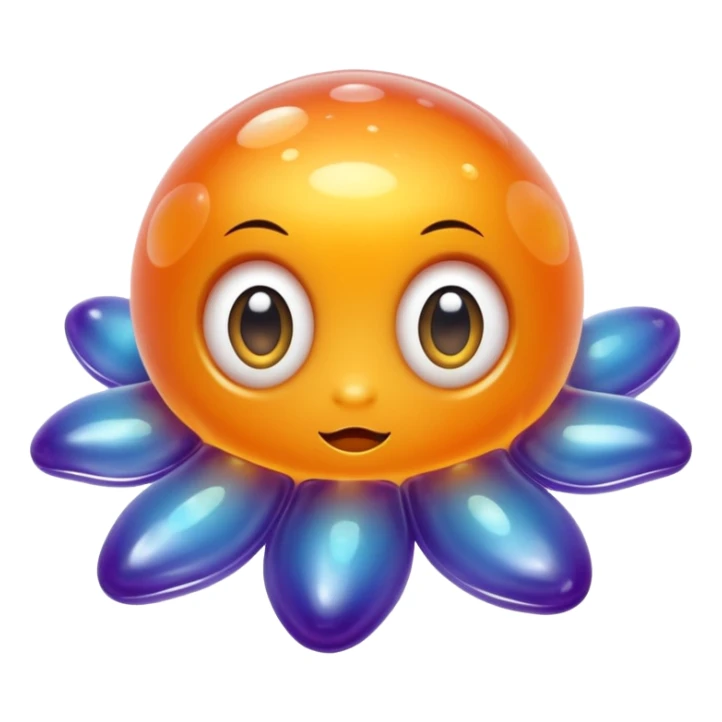 a combination of a water droplet and a ghost tail.
The bottom part is softly squished and slightly curled like a tail
floats in the air with no feet, has small round hands like jelly
Ieyes are large, round, and sparkle like jelly marbles.
The character has a translucent jelly-like texture. sticker