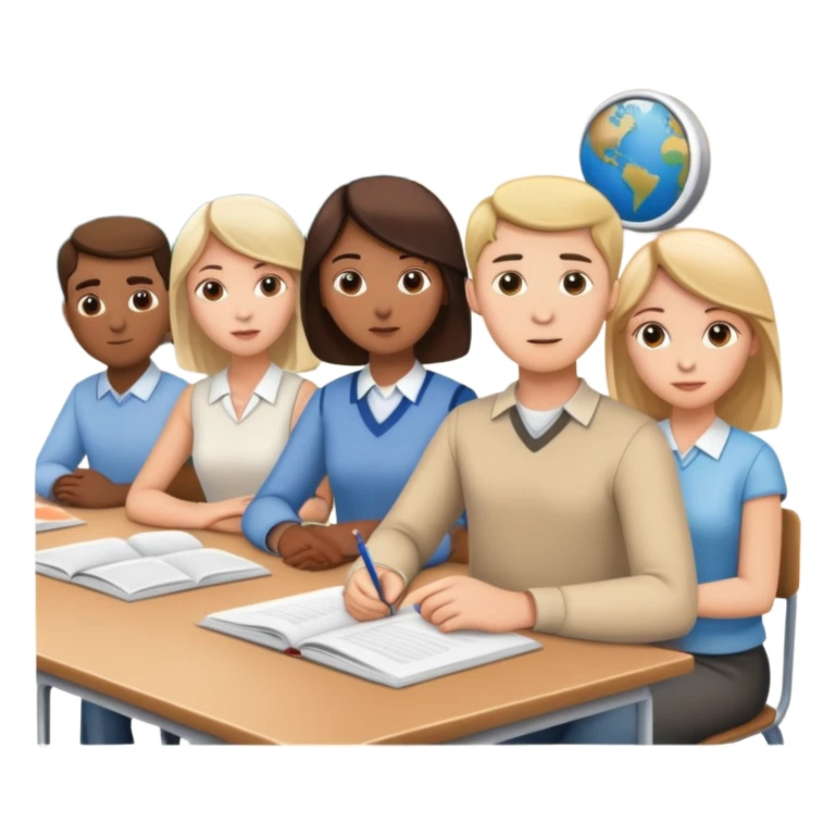 five caucasian people sitting together in classroom learning sticker