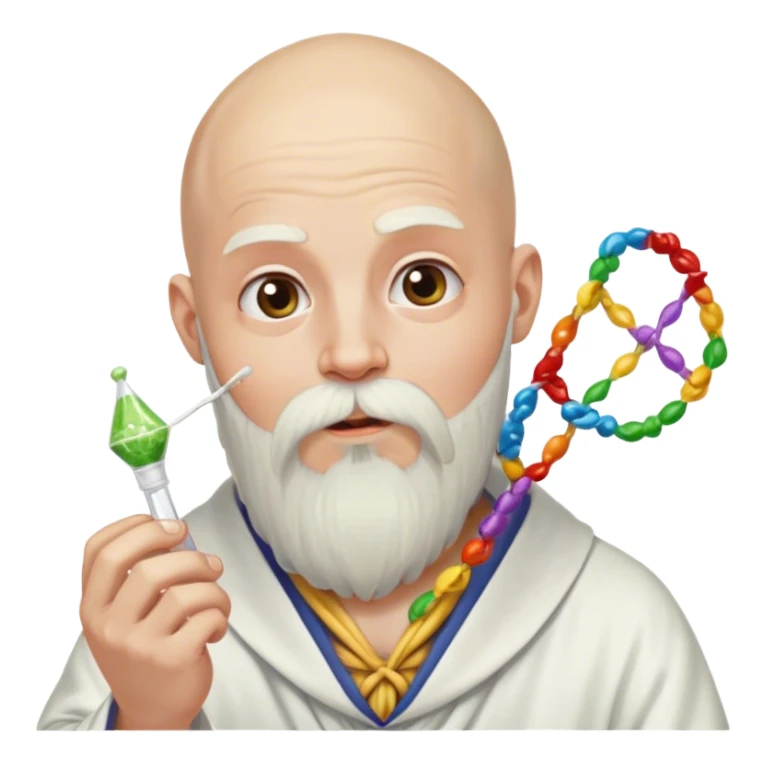 completely bald guy, with a long, white wizard beard tied down in a hair tie, eating a strand of dna sticker