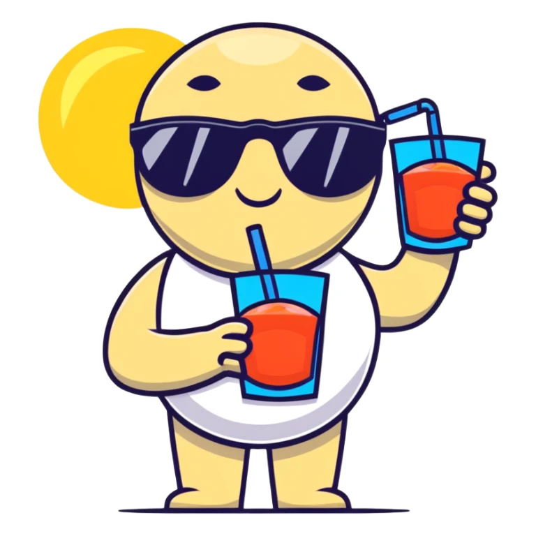 hand with sunglasses, holding fruit juice, on a sunny beach sticker