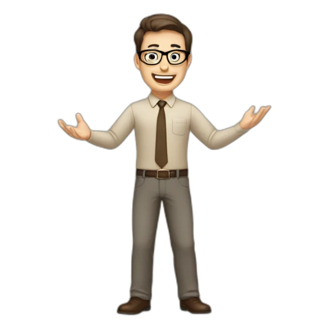 To belt Actively gesturing with hands Pale skinned fit man with dark brown hair in gray jacket, beige office shirt, brown tie, brown pants and vintage glasses. sticker